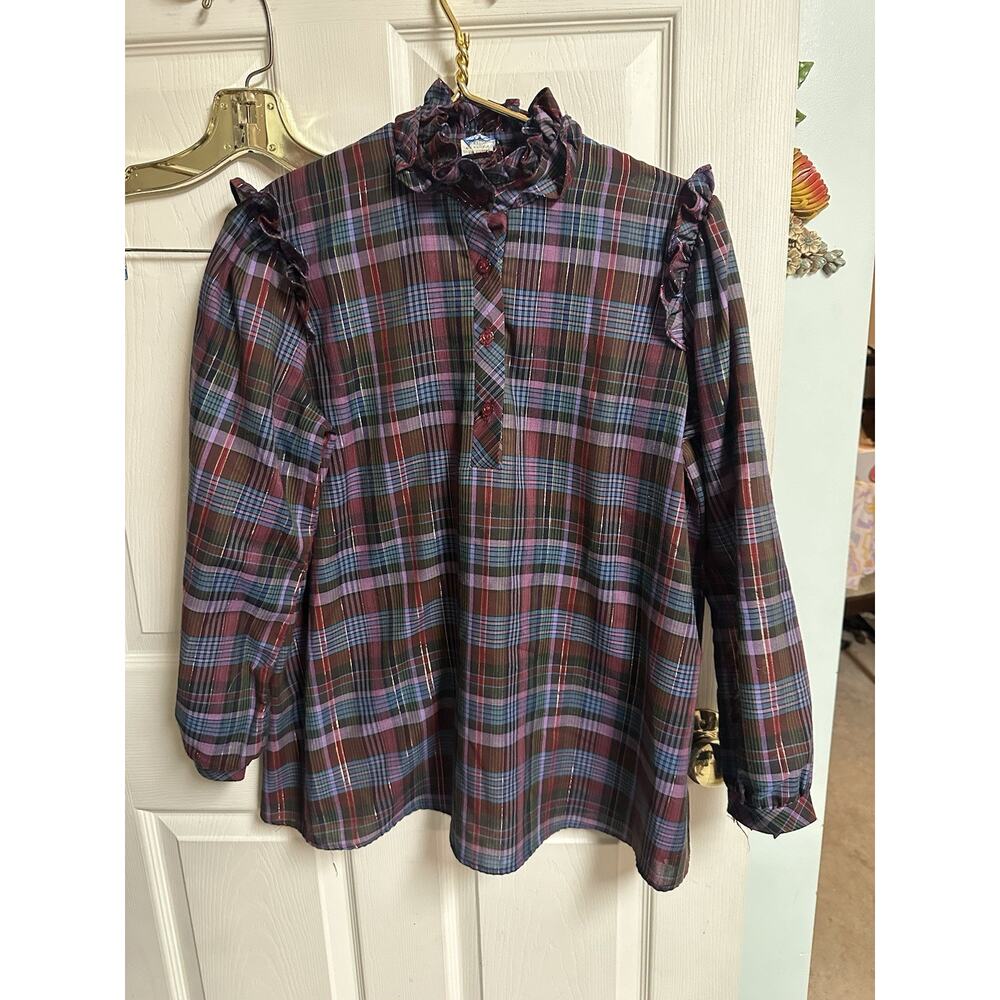 70s 80s Shirt Sz L Plaid Gold Purple Cowgirl Ruffle Collar Union Label Prairie